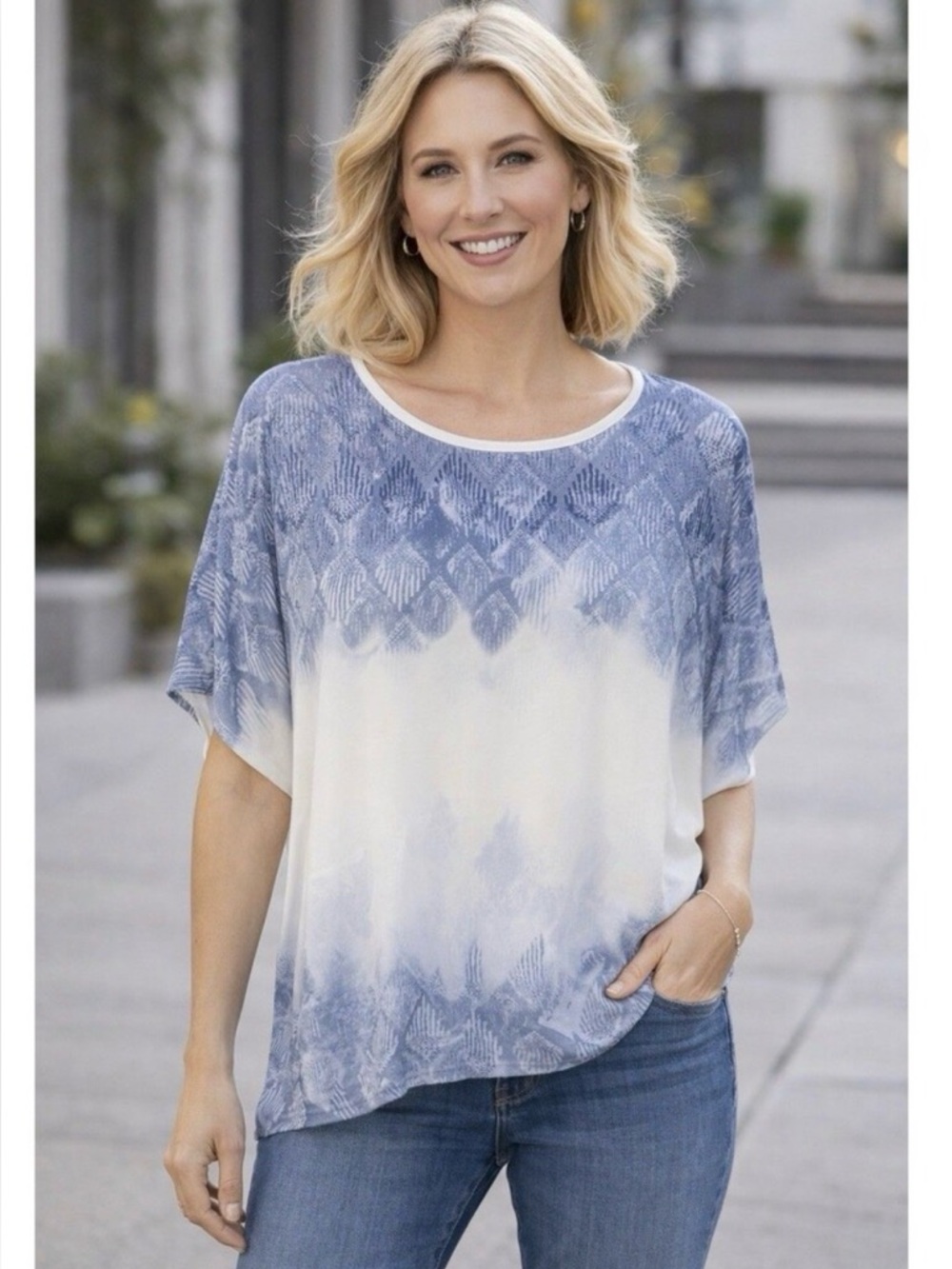 CAbi Fade Out Sheer Blue and White Oversized Top Small 781